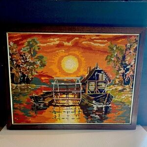 Vintage Framed Croatian  Needlepoint  Unitas Zagreb - Boats  Waterwheel Sunset